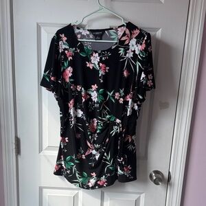 Liz Claiborne Black Floral Knot-Front Short Sleeve Blouse